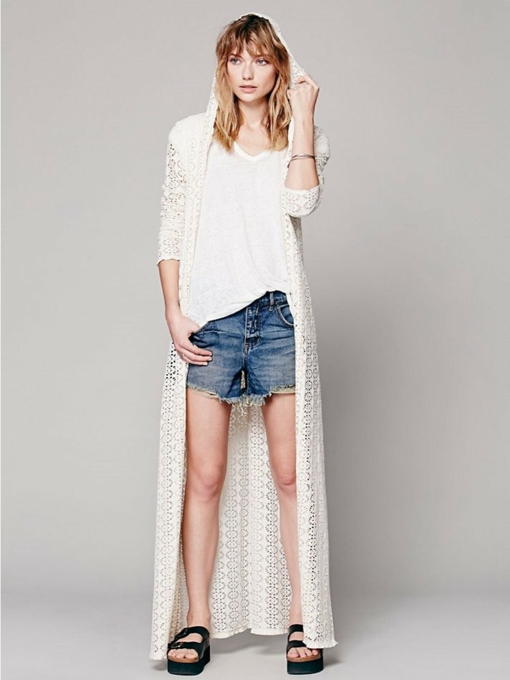 FP beach Open Crochet Hooded cardigan/kimono in Ivory